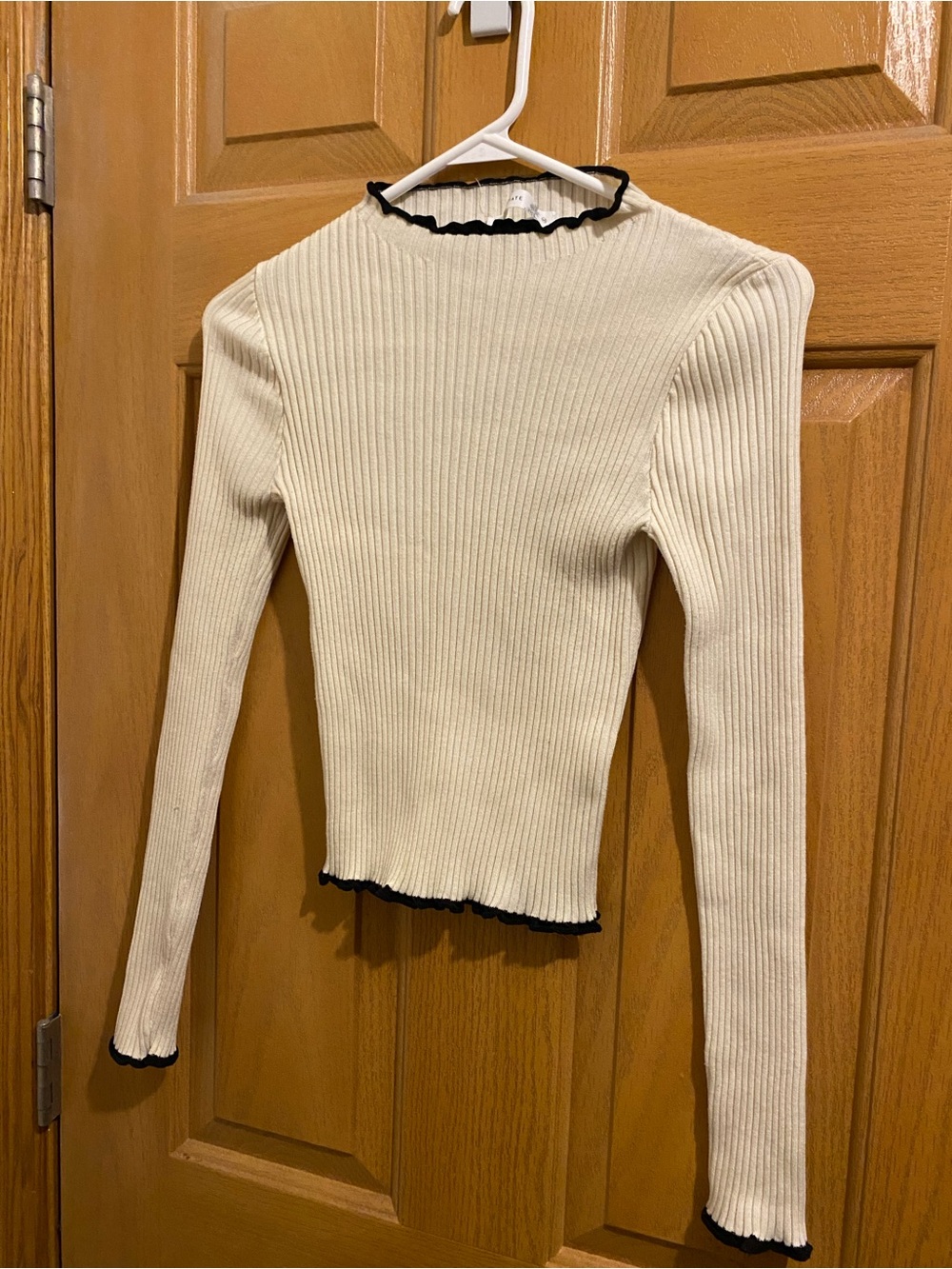 Altar'd State Cream Ribbed Long-Sleeve Top with Black Trim
